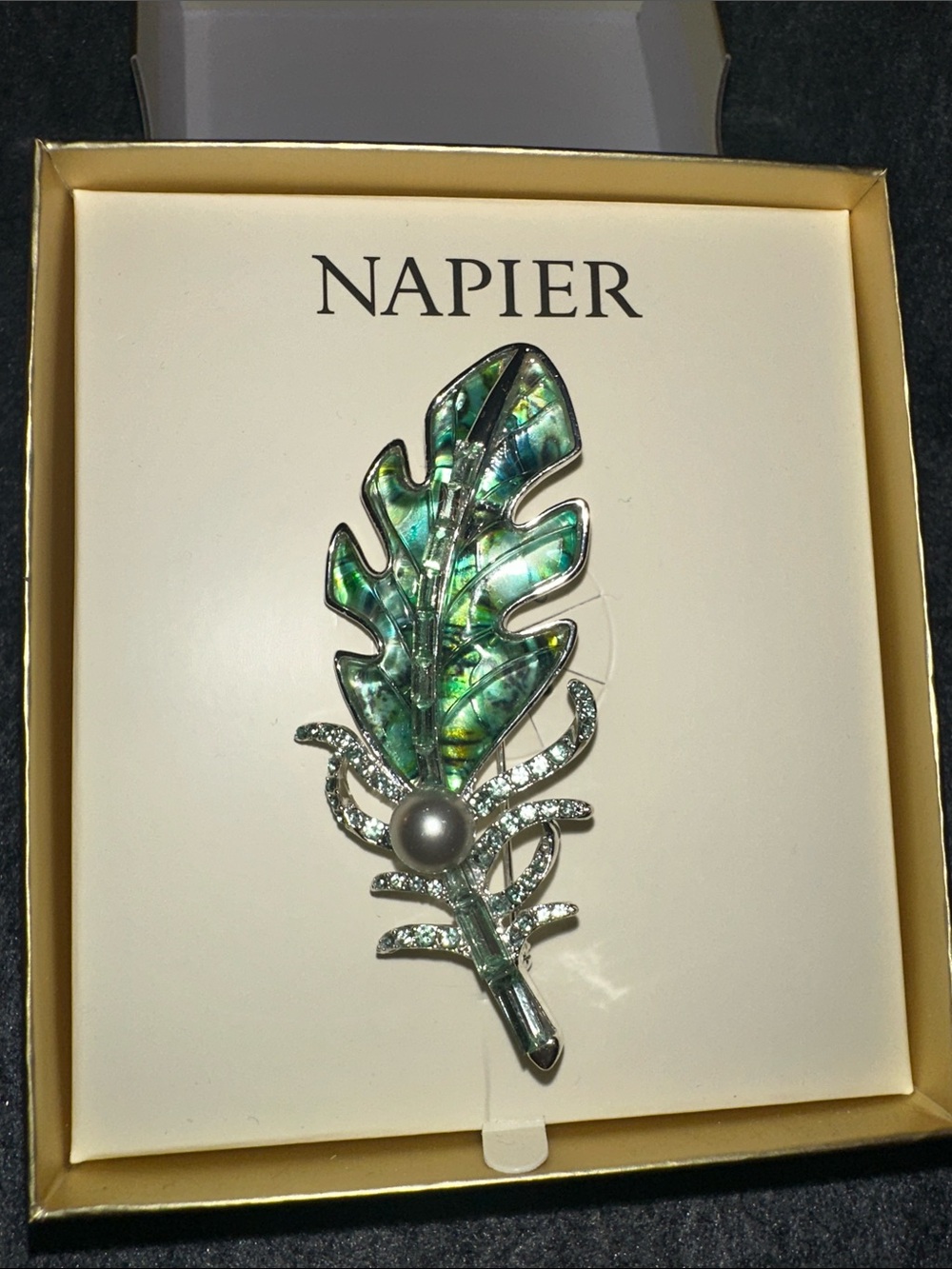 NWT Napier Iridescent Green Abalone Leaf Brooch with Pearl